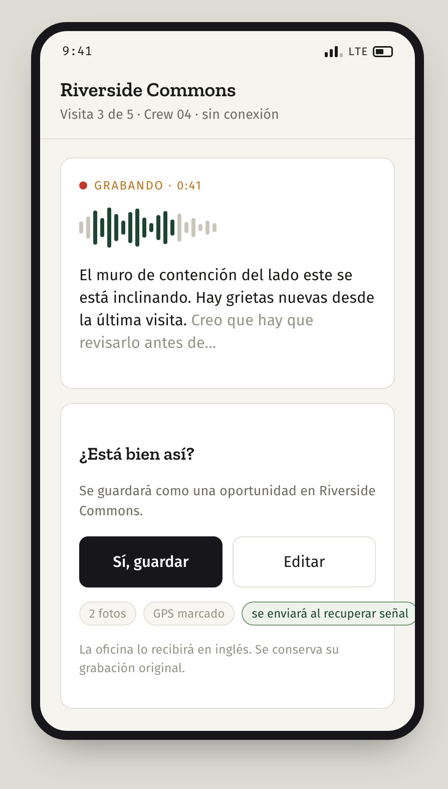 Crew mobile on a phone: a voice note being recorded in Spanish from the truck, with a confirmation screen asking the crew leader to approve it in the same language.